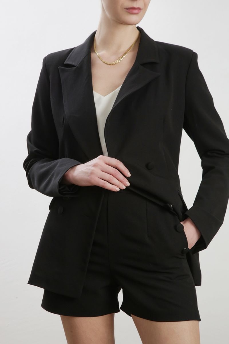 Double-Breasted Blazer + Tailored Shorts + Tights