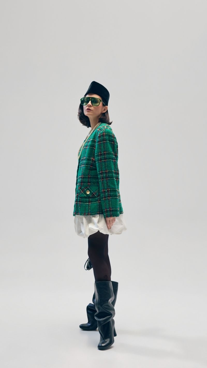 Plaid Blazer + Mini Skirt + Knee-High Boots
