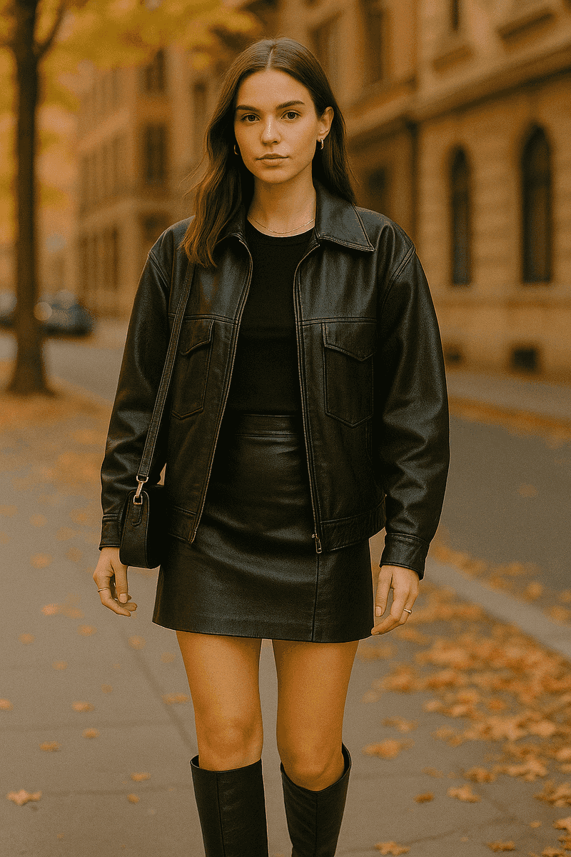 Baggy Leather Jacket and Miniskirt