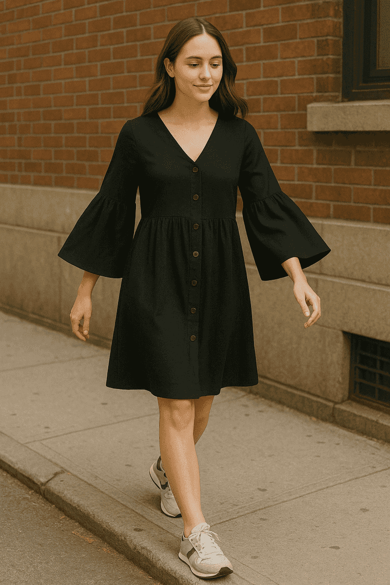 Bell-Sleeve Tummy-Concealing Dress