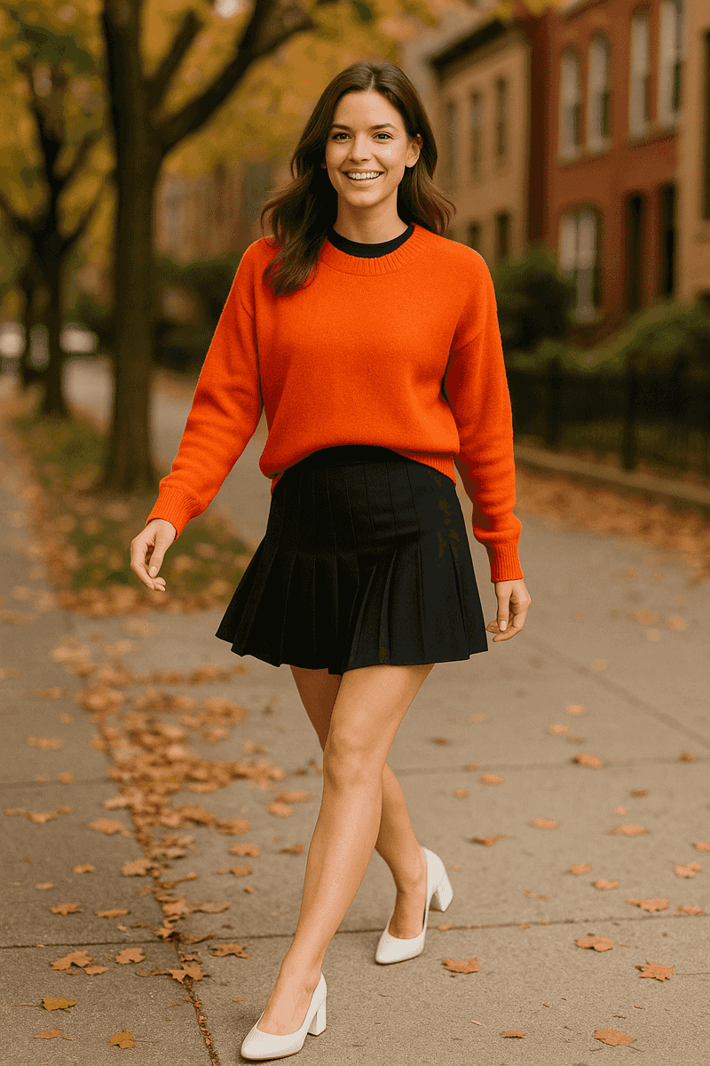 Bright Sweater and Pleated Miniskirt