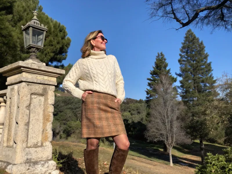 Cable Knit Sweater with Plaid Skirt