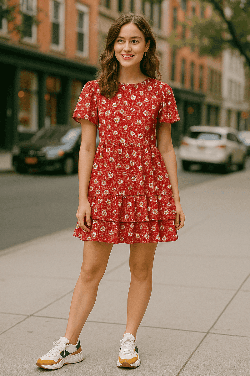 Double-Layer Hem Printed Mini Dress