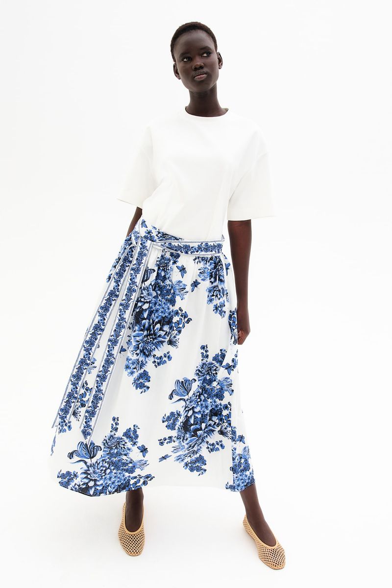 H&M Tie-Detail Poplin Skirt in Paisley Blue