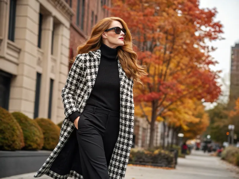 Houndstooth Coat with Black Turtleneck