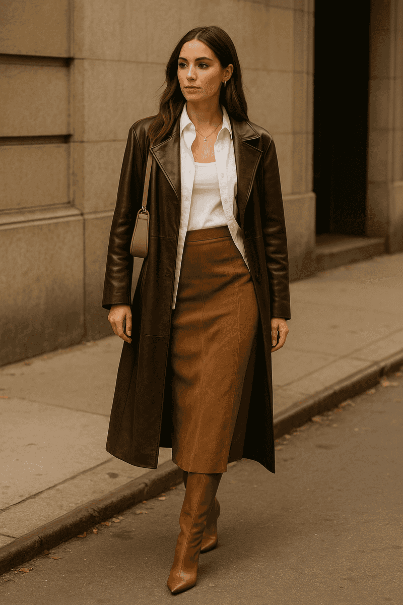 Leather Trench Coat with Suede Skirt