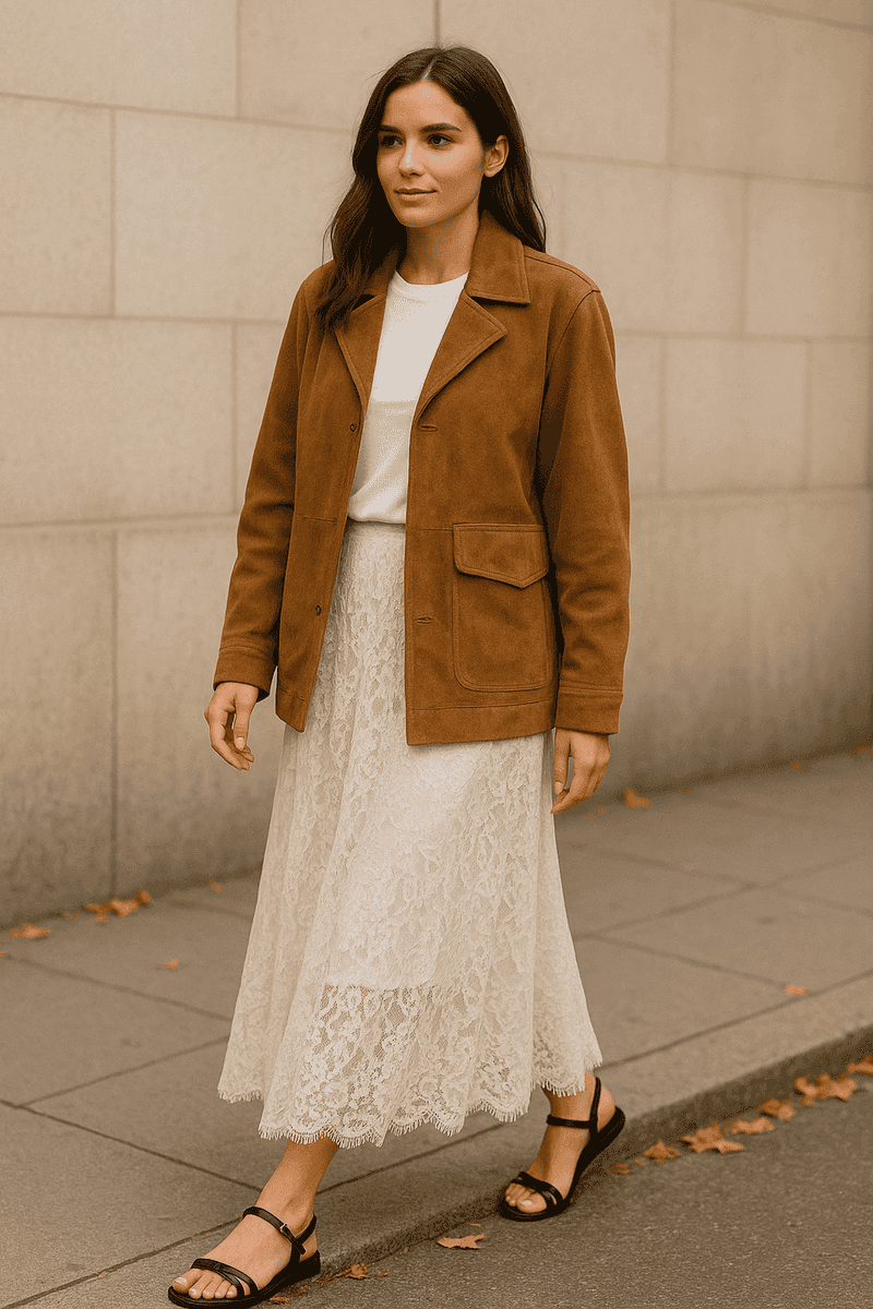 Oversized Suede Jacket with Lace Skirt