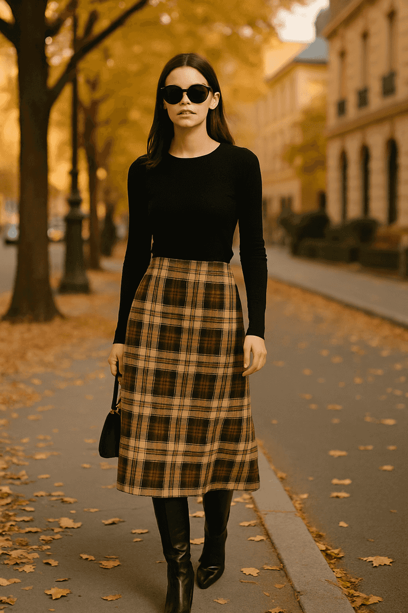 Plaid Midi Skirt with Oversized Sunglasses