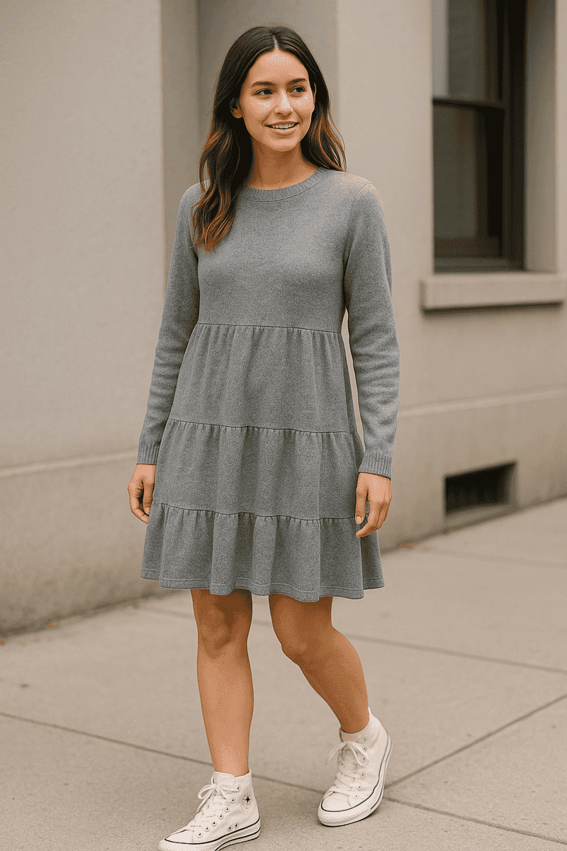 Tiered Long-Sleeve Sweater Dress
