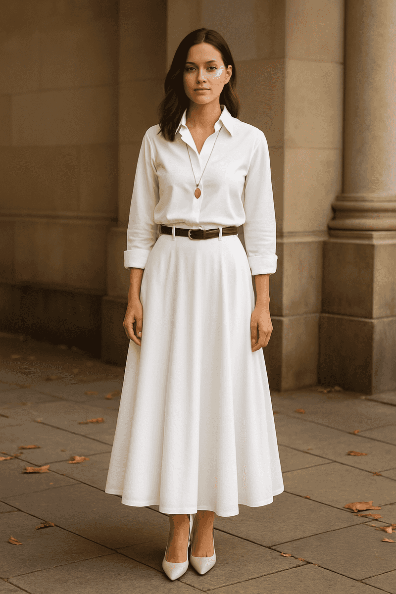 White Maxi Skirt with Long Pendant Necklace