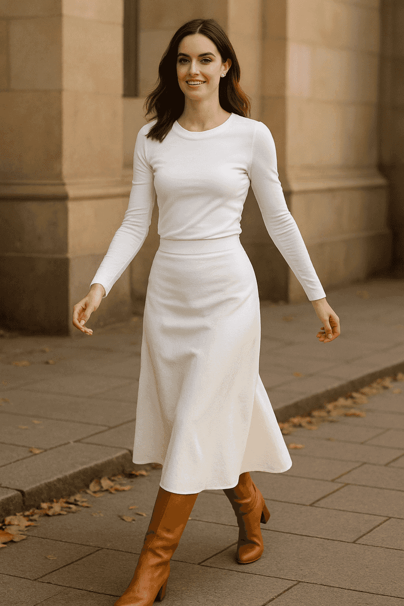 White Midi Skirt with Tan Leather Boots