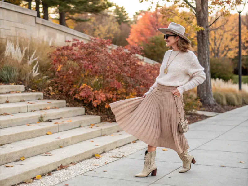With a Pleated Skirt and Knit Top