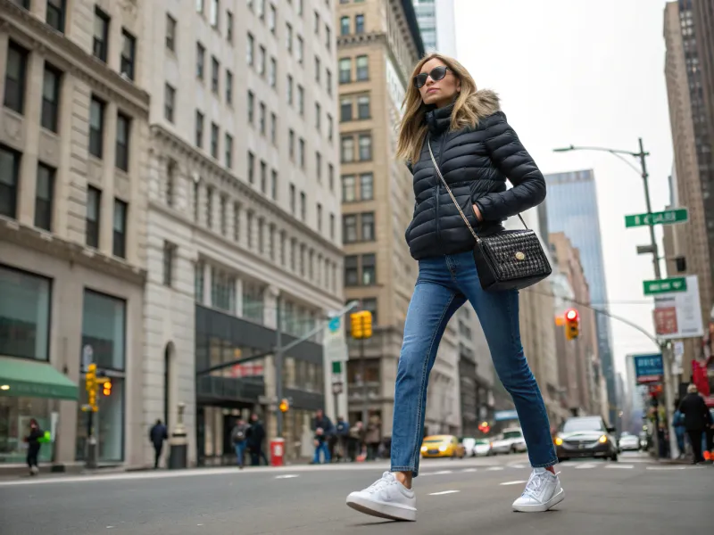 Fitted Puffer Jacket with High-Waisted Jeans