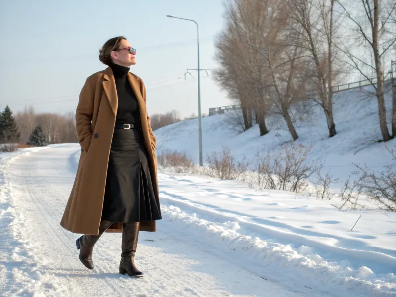 Long Camel Coat with Midi Skirt