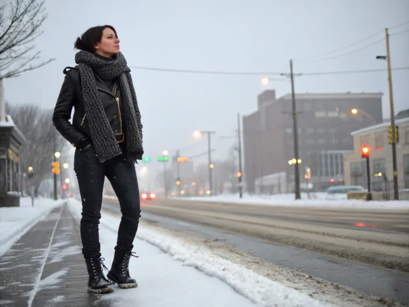 Sleek Leather Jacket with Chunky Scarf