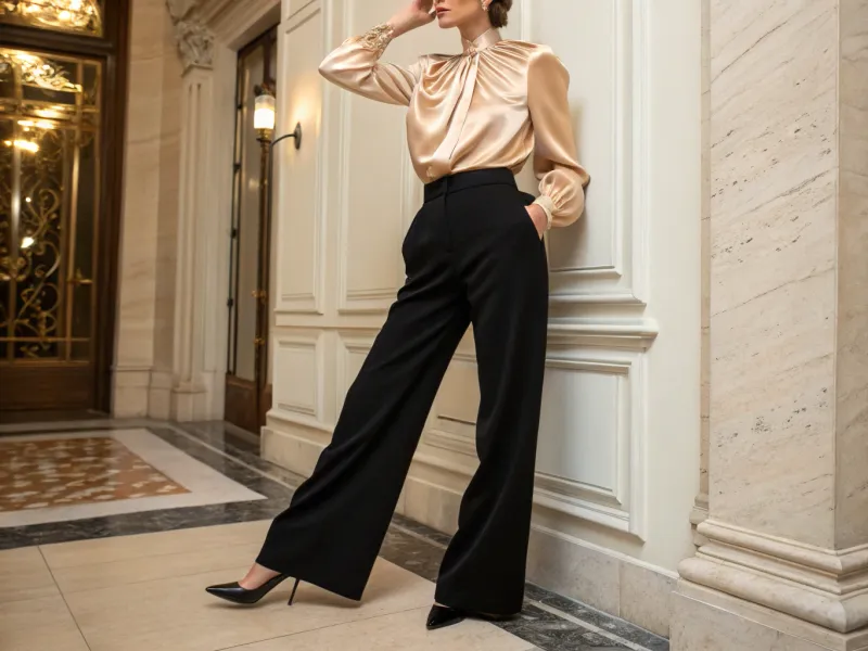 Wide-Leg Trousers with a Satin Blouse