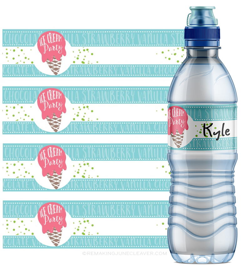 ice cream party free printable pack bottle wraps