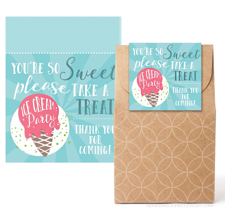free printable ice cream party pack treat bag tags