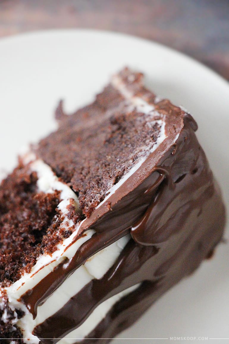 rustic chocolate drip cake slice