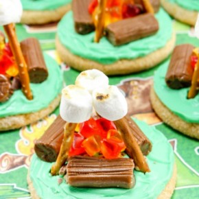 Campfire cookies made with sugar cookies, tootsie rolls, and pretzels