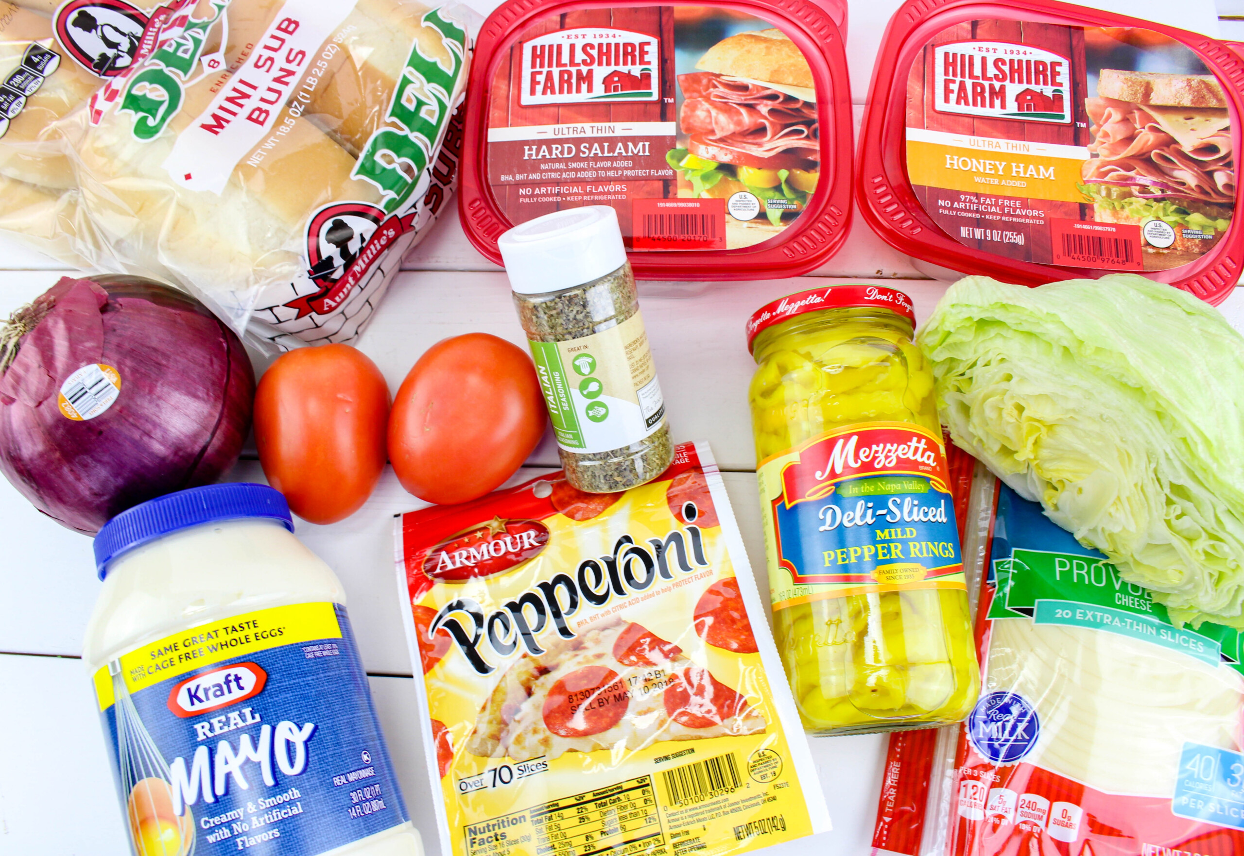 Ingredients to make an Italian sub sandwich