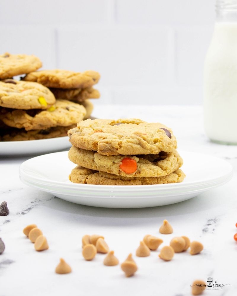 Cookies with reeses peanut butter cups, chocolate chips, butterscotch chips, and peanut butter