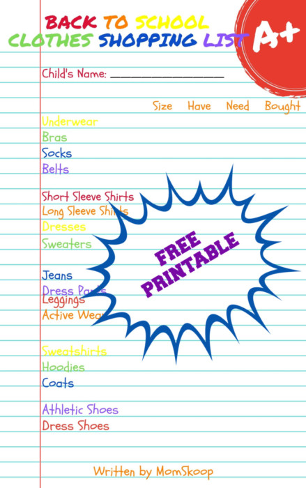 #backtoschoolshoppinglist #backtoschoolclothesshoppinglist #freeprintables #printables #momskoop #backtoschool