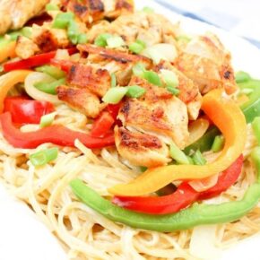 Cajun Chicken Pasta on a white serving platter