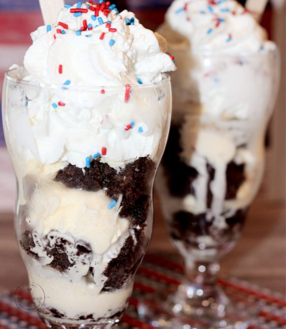 Brownie Ice Cream Parfaits topped with sprinkles