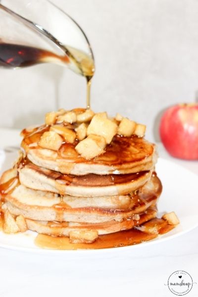 Semi homemade pancakes covered in a Cinnamon Apple Topping