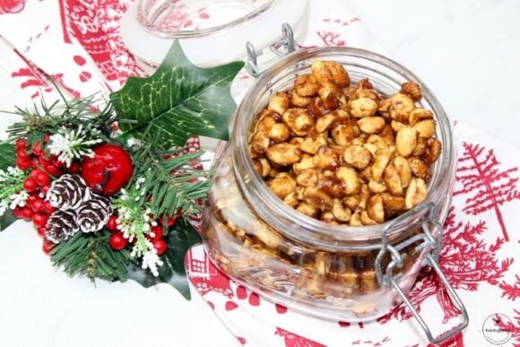 Toffee Candied Peanuts in a glass jar