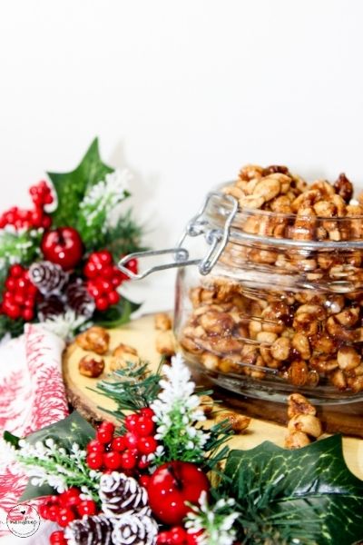 toffee coated peanuts in a glass jar