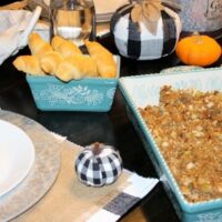 Savory Cornbread Stuffing in a blue casserole dish