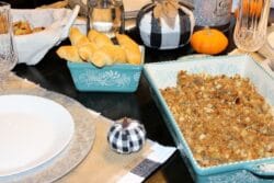 Savory Cornbread Stuffing in a blue casserole dish