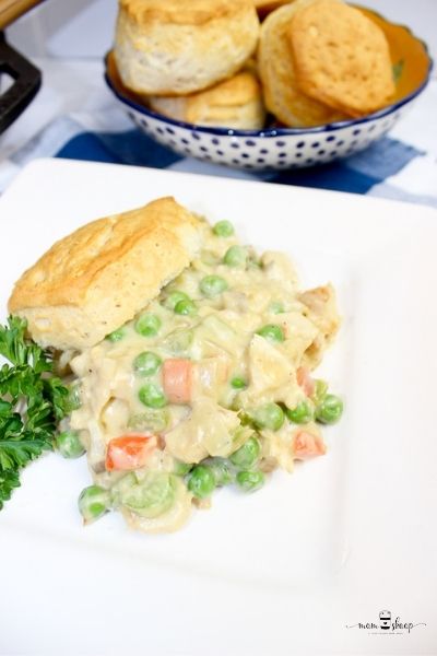 Creamed chicken, peas, and carrots on a white plate