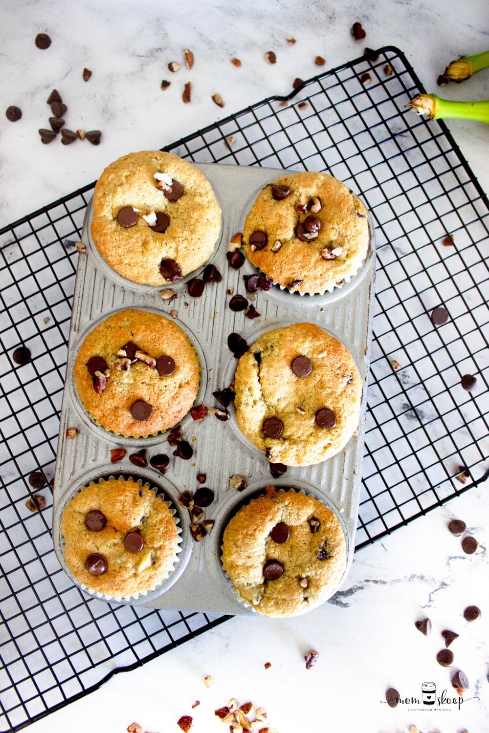 Chocolate chip muffins with bananas in a muffin tin on a cooling rack
