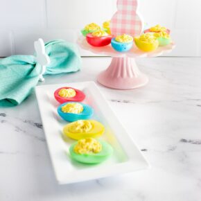 Easter Deviled Eggs on a white tray