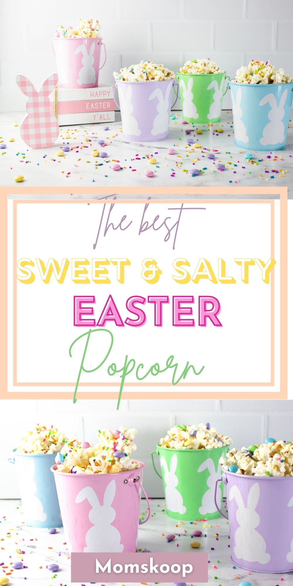 Brightly covered Easter popcorn covered with candy and sprinkles in pink, purple, green, and blue pails. 