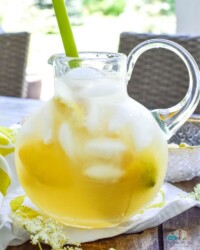 A large glass pitcher full of Elderflower lemonade with ice cubes