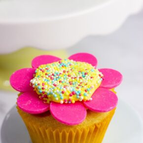 Yellow cupcakes, with yellow buttercream frosting, sprinkles, and pink candy wafers