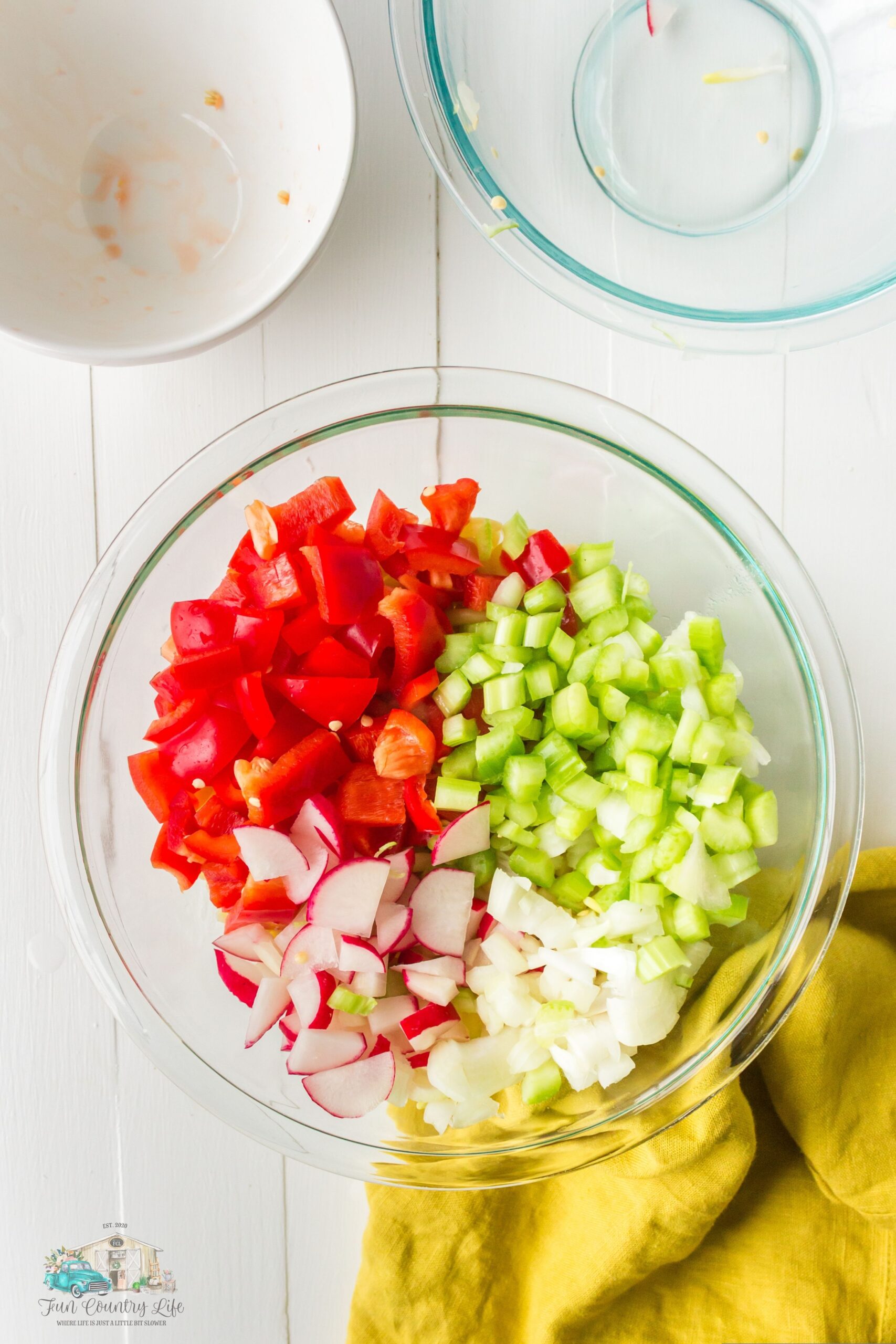 Red bell peppers, celery, onions, and radishes chopped up