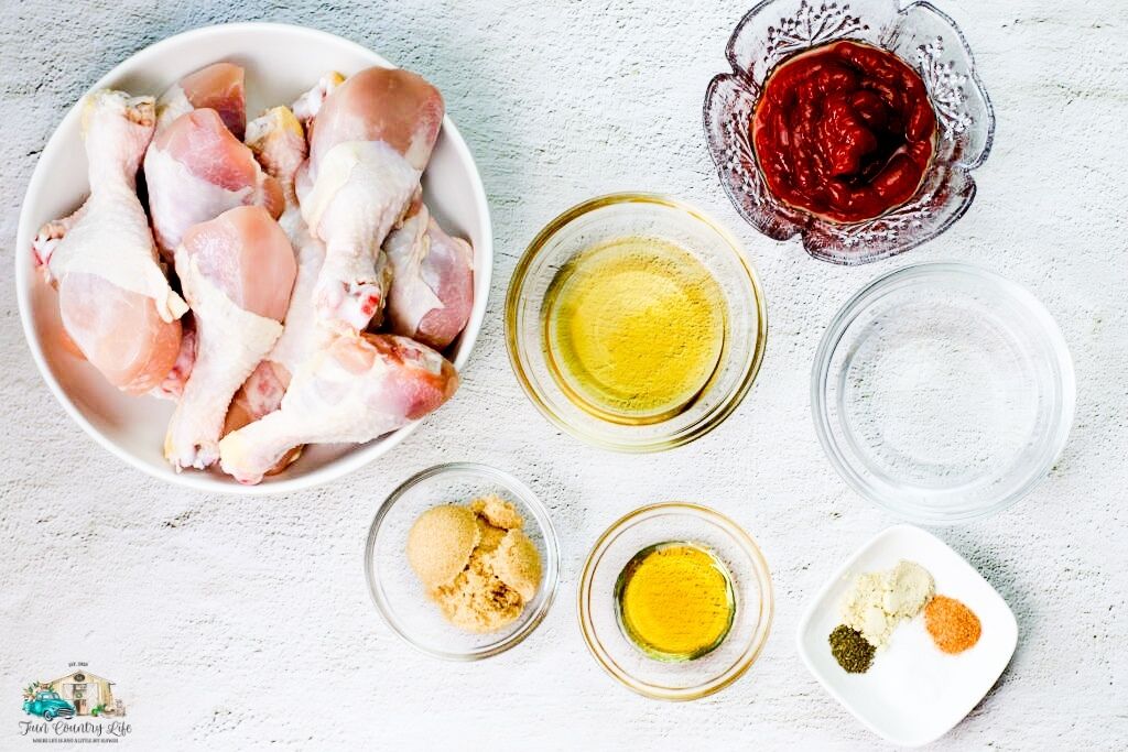 Chicken drumsticks, oil, and seasonings