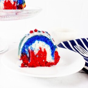 Slice of patriotic cake on a white plate