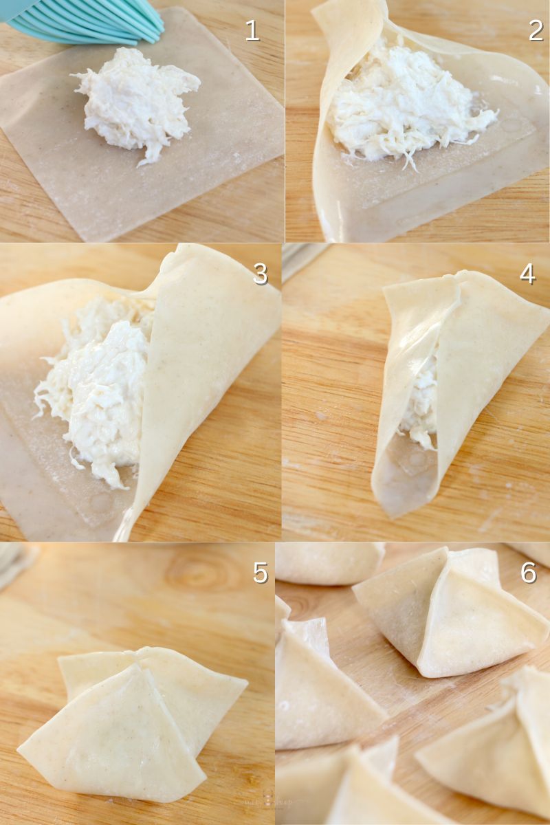 Steps to pinch wontons together. 