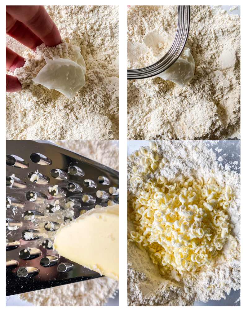 Visual description of the adding shortening to the dry mixture, cutting in the shortening and grating the frozen butter into the ingredients. 