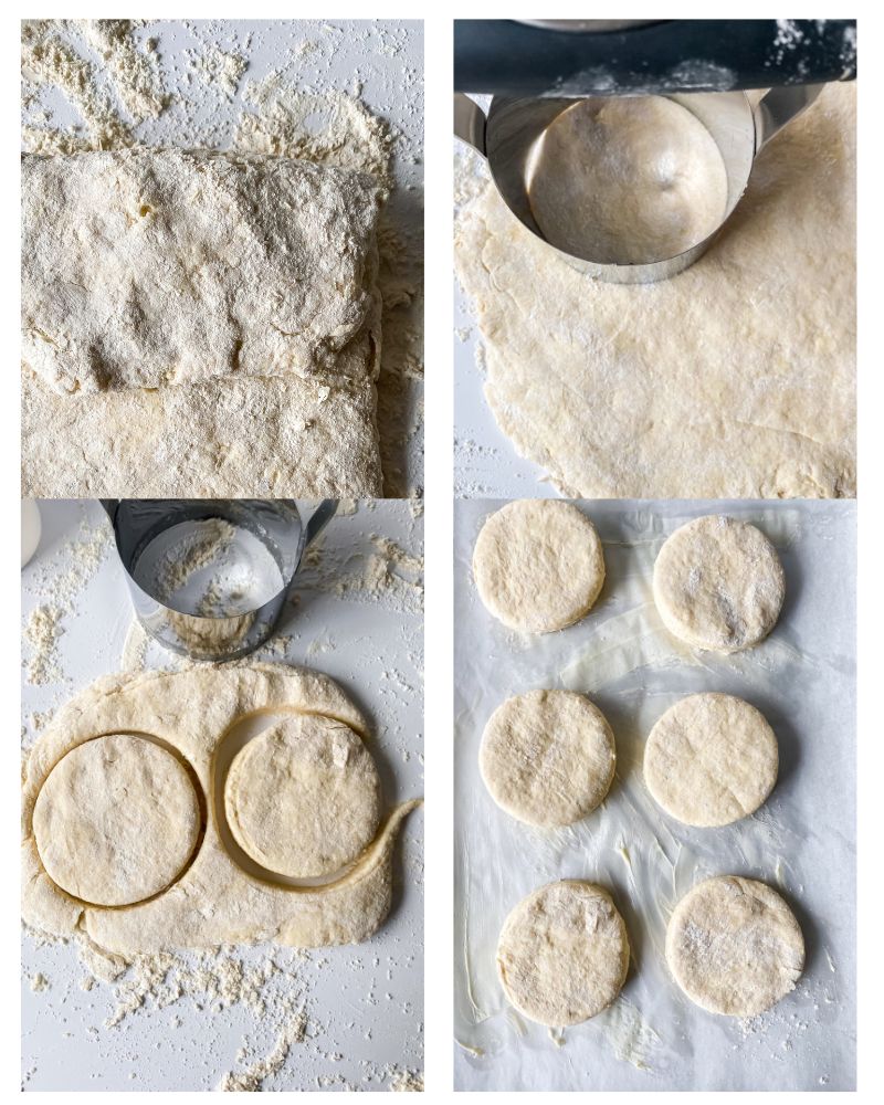 Visual description of cutting out of the biscuits using a biscuit cutter and putting them on a prepared baking sheet. 