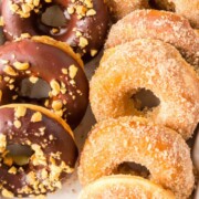 donuts made from Bisquick mix and coated in cinnamon sugar and chocolate.