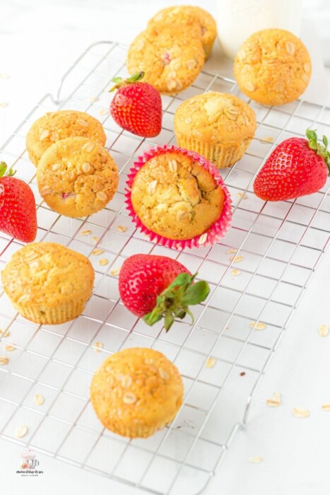 Strawberry Oatmeal Muffins on a wire rack