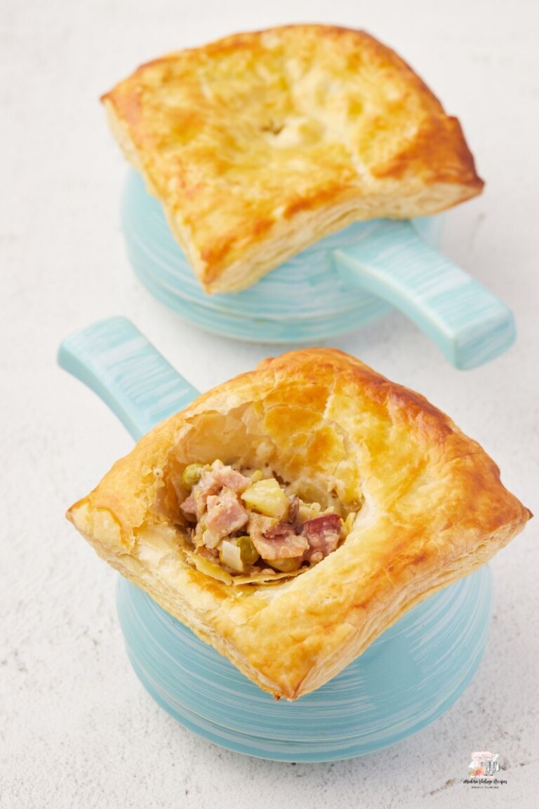 Ham Pot Pie in two blue soup bowls