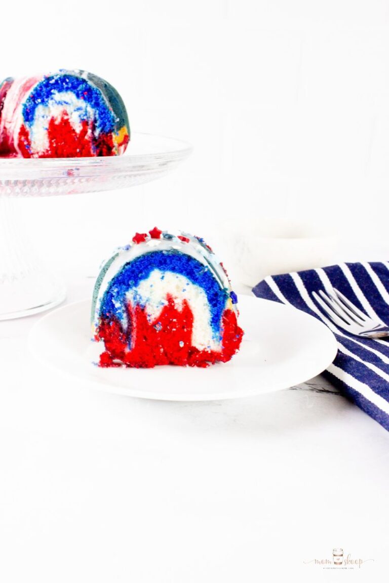 Patriotic Red White and Blue Bundt Cake on a white plate